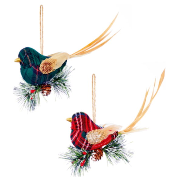 Set of 2 Tartan Long Tail Bird Christmas Tree Decorations