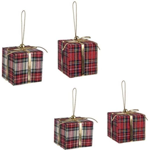 Set of 4 Red Tartan Gift Boxes Tree Decorations