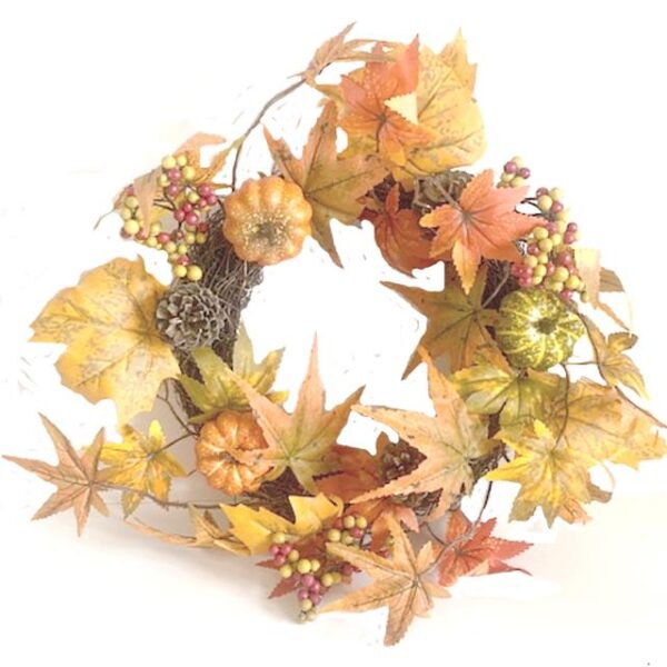 Autumn Maple Leaf Wreath with Pumpkins and Berries