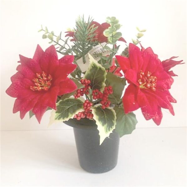 Artificial Red Poinsettia Memorial Pot with Holly